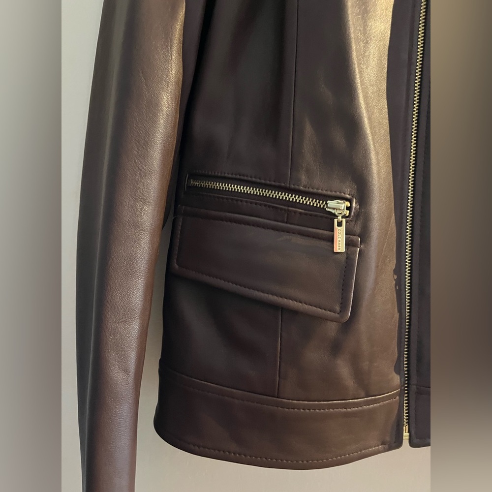COLE HAAN Brown Leather Wing Collar Jacket Size S - Picture 2 of 5